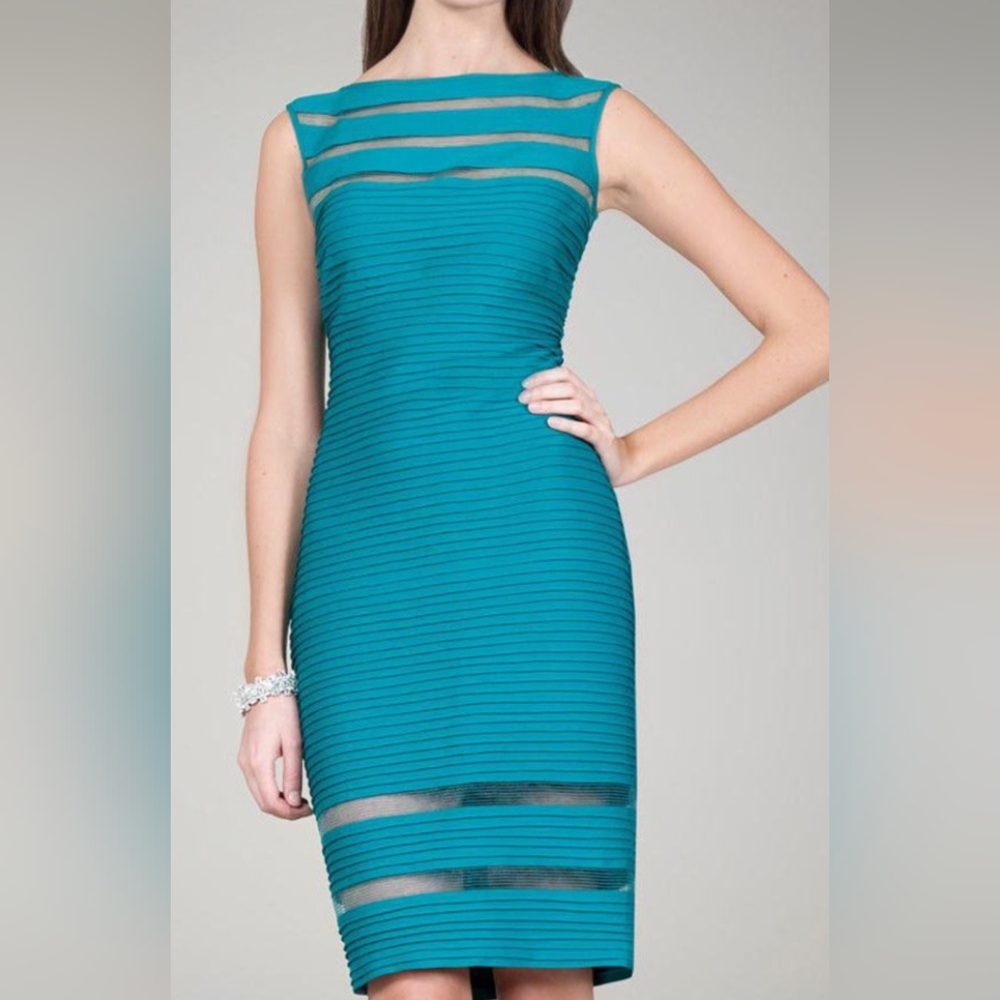 Tadashi Shoji Blue Sheath Midi Dress Sleeveless Crew Neck